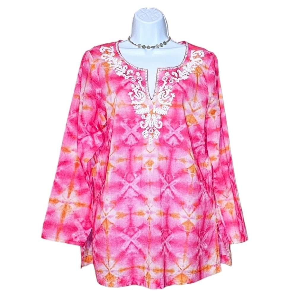 EUC J. Jill Beadwork Embellished Hot Pink & Orange Tie-Dye Tunic Top